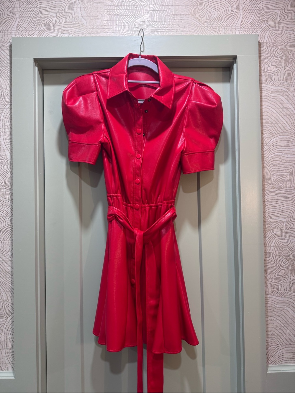 Alice + Olivia Godet Red Puff-Sleeve Dress